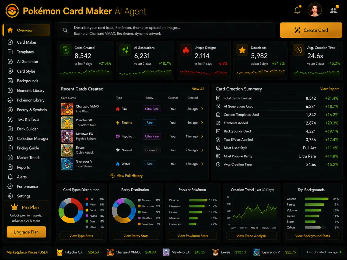 pokemoncardmaker.app AI Pokémon card maker app — custom trading card AI agent dashboard preview